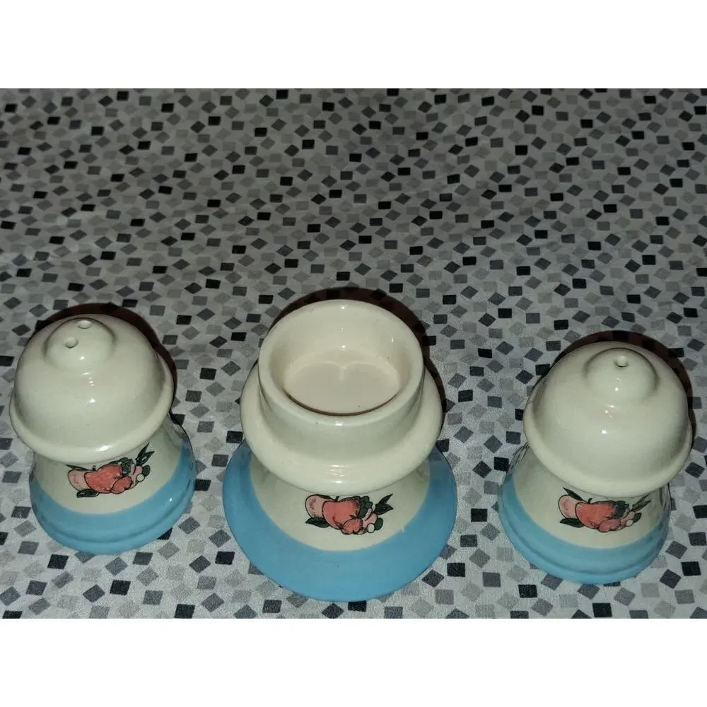 Vintage Blue and White Salt & Pepper Shakers w/ Apple Pattern and Candle Holder